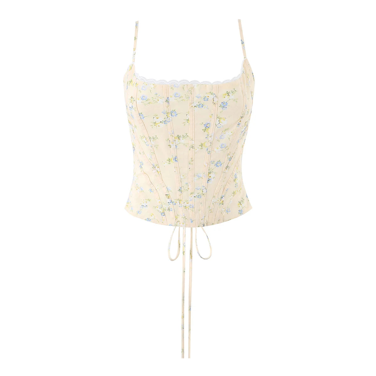 Summer Sexy Corset Yellow Floral Print Tie Bow Strap Camis Women Cross Lacing Up Bandage Bow Back Tank Top Slim Fit Vest Tee
