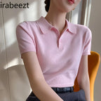 Pink Polo Knitted T-shirt Women Tops Short Sleeve Shirts 2025 New Spring Summer Shirt for Women Clothing