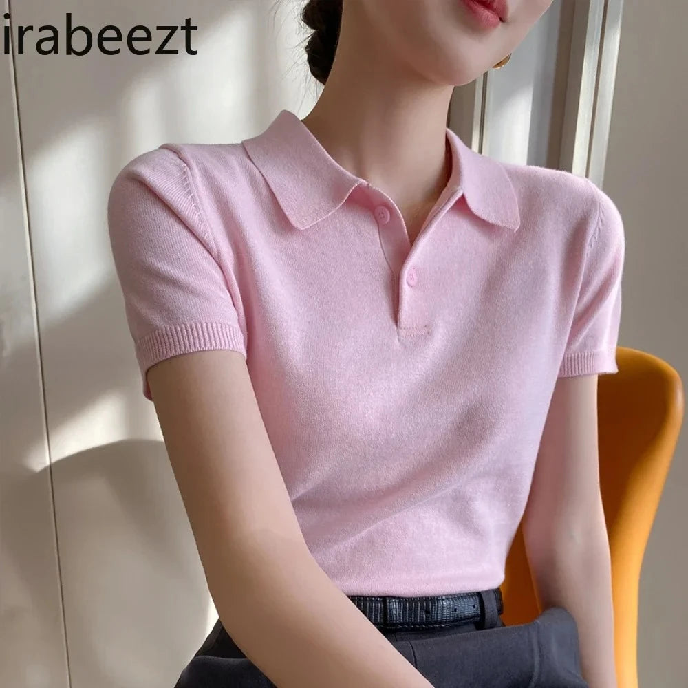 Pink Polo Knitted T-shirt Women Tops Short Sleeve Shirts 2025 New Spring Summer Shirt for Women Clothing