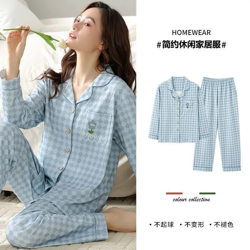 Spring Autumn Loose Long Sleeve Sleepwear Thin Home Clothes Set for Women Cotton Comfortable Home Suit Large Size Options