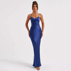 New Fashion Backless Women's Evening Dresses Slash Neck Spaghetti Strap Satin Dress Spring and Summer High Waist Slim Lady Dress