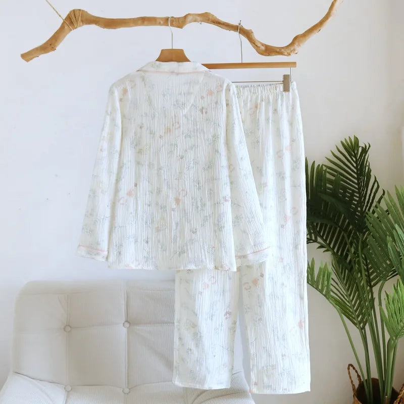 2026 Spring and Autumn New Women's Pajama Set 100% Cotton Crepe Cute Sweet Long Sleeve Long Pants Home Clothes Two Piece Set