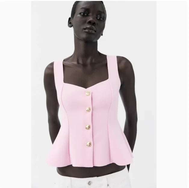 Sweet Style Women's Elastic Vest Strap Top New Summer 2025 Short Skirt Style Hem Single Button Fastening Regular Thickness
