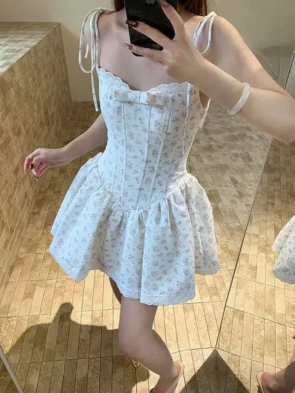 French Coquette Summer Floral Print Corset Mini Dress Women Slim Fit Lace Bow Spaghetti Strap Elegant Party Date Night Outfit