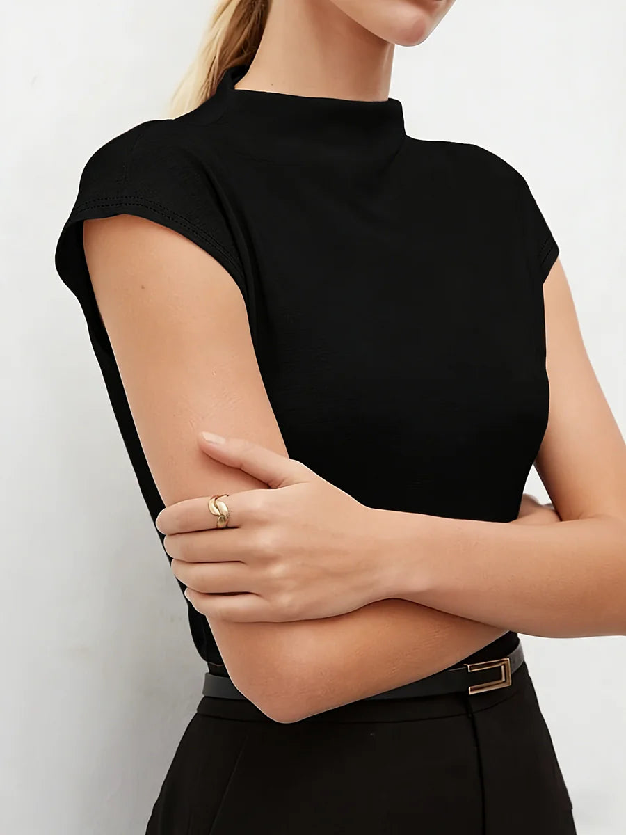 Hot Mock Neck Stretchy Slim Fit Burgundy Cap Sleeve Top, Blouse for Women Office & Daily