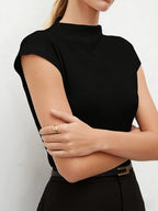 Hot Mock Neck Stretchy Slim Fit Burgundy Cap Sleeve Top, Blouse for Women Office & Daily