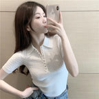 Slim Fit Ice Silk Knitted Short Sleeve  Shirt Women's Base Layer Top Korean Style Commute Fashion Summer T-Shirt