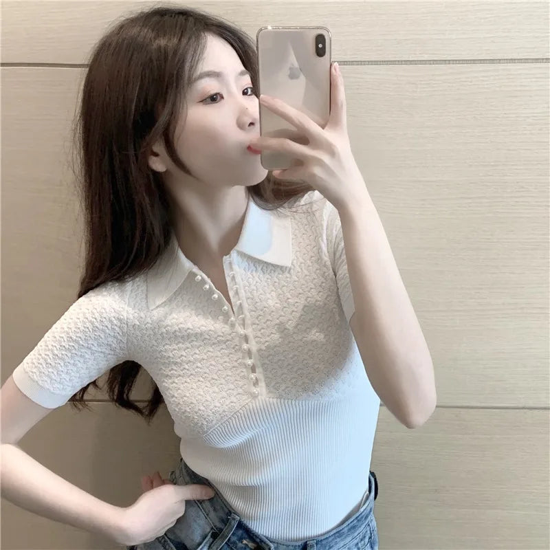 Slim Fit Ice Silk Knitted Short Sleeve  Shirt Women's Base Layer Top Korean Style Commute Fashion Summer T-Shirt
