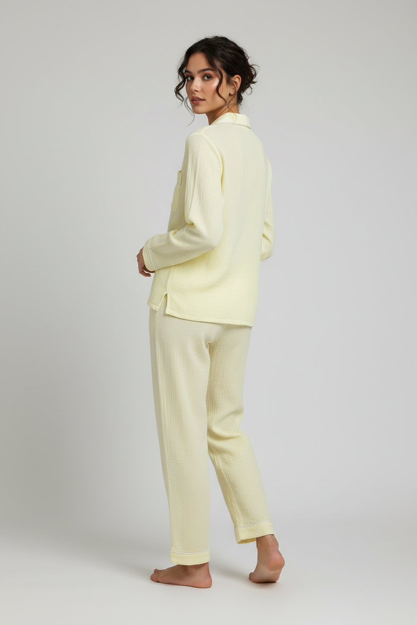 Cotton Lapel Pajama Set for Women Thin Plus Size 3xl Long Sleeved Long Pants Home Wear Clothes Solid Color Conjunto Femenino