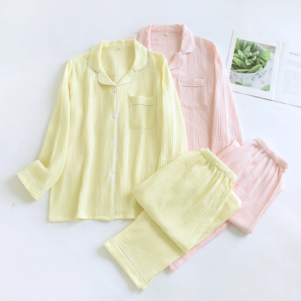 Cotton Lapel Pajama Set for Women Thin Plus Size 3xl Long Sleeved Long Pants Home Wear Clothes Solid Color Conjunto Femenino