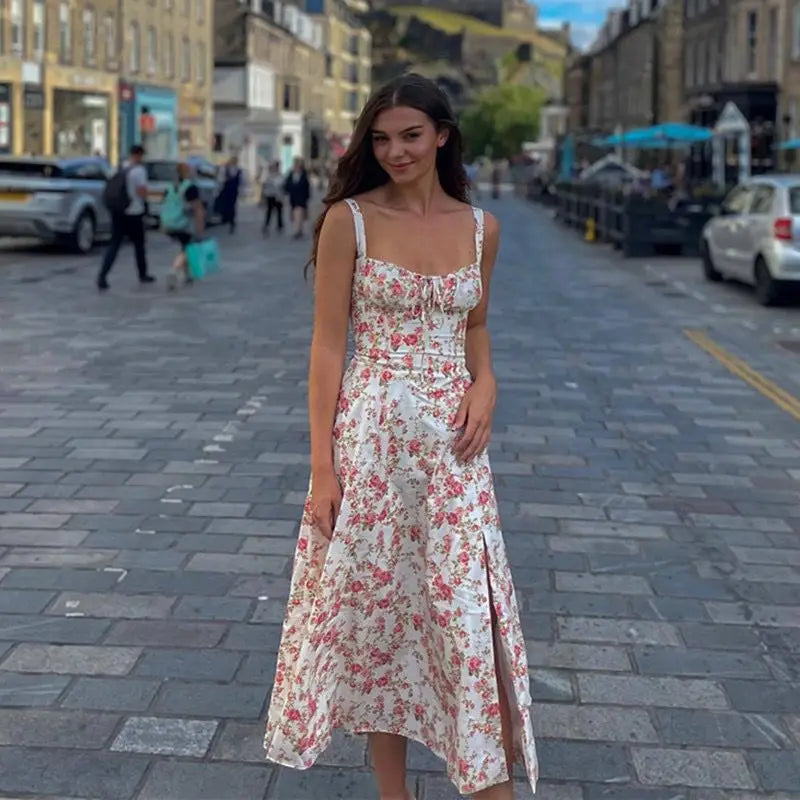 Sexy Pink Corset Midi Sun Dress Women's Lace Up Slit Dresses Female Bandage Sundress White Black Blue Yellow Red 2025 Summer New