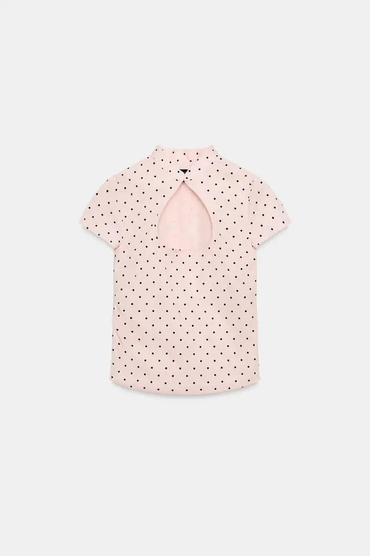 Summer New Women's Casual Style Short Sleeve Zhongshan Collar Polka Dot Slit Top Skin-friendly Breathable Polyester Fiber