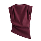 Round neck slim fit tank top with fashionable and sexy slanted edges simple pleats strapless decoration soft padded shoulder top
