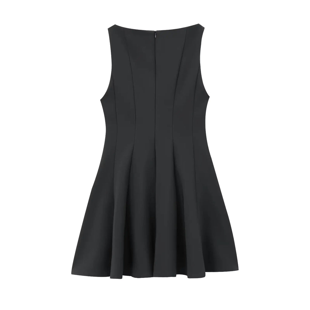 HH Women Summer Sexy Sleeveless Solid Casual Mini Dress Female Vintage Chic High Street Slim Rear Zipper Pleated Dress
