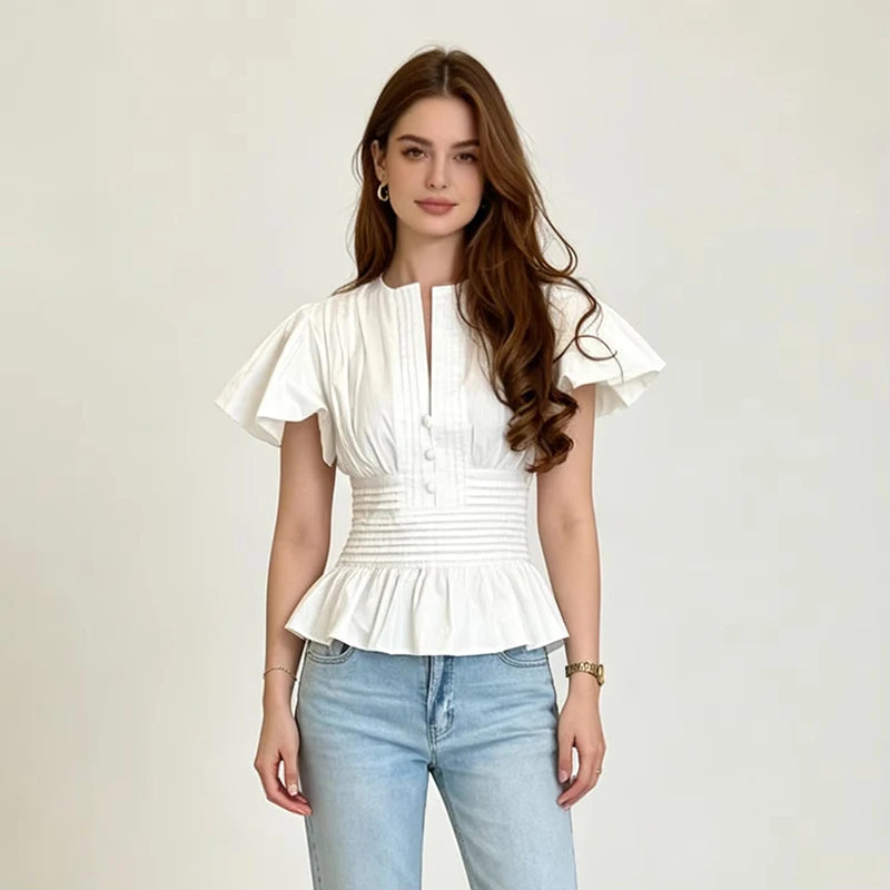 LIMO 2026 Women White Ruffle Sleeve Peplum Blouse V-Neck Elastic Waist Elegant Casual Top