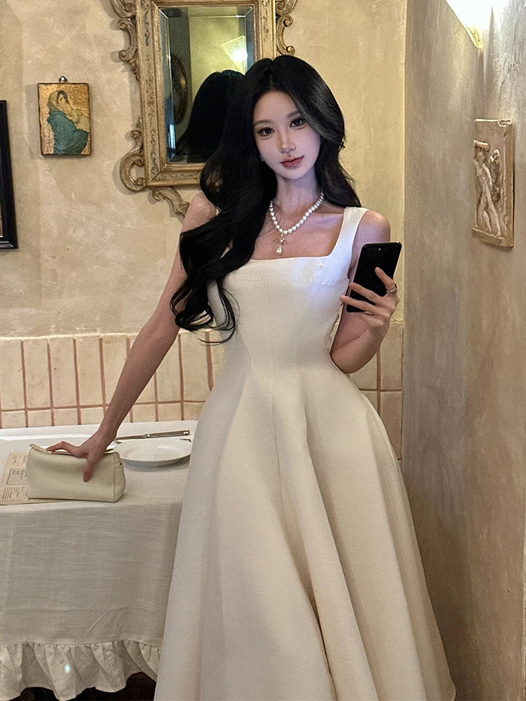 ReddaChic Backless Bow Long Women Dress Elegant Simple Square Neck Ruffle Tank Party Gown Wedding Guest Cutecore Summer Clothes