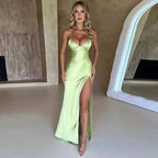 Giyu Sexy Satin Evening Night Club Party Dresses Women Summer Maxi Long Dress Backless Sleeveless Split Bodycon Gown Vestidos