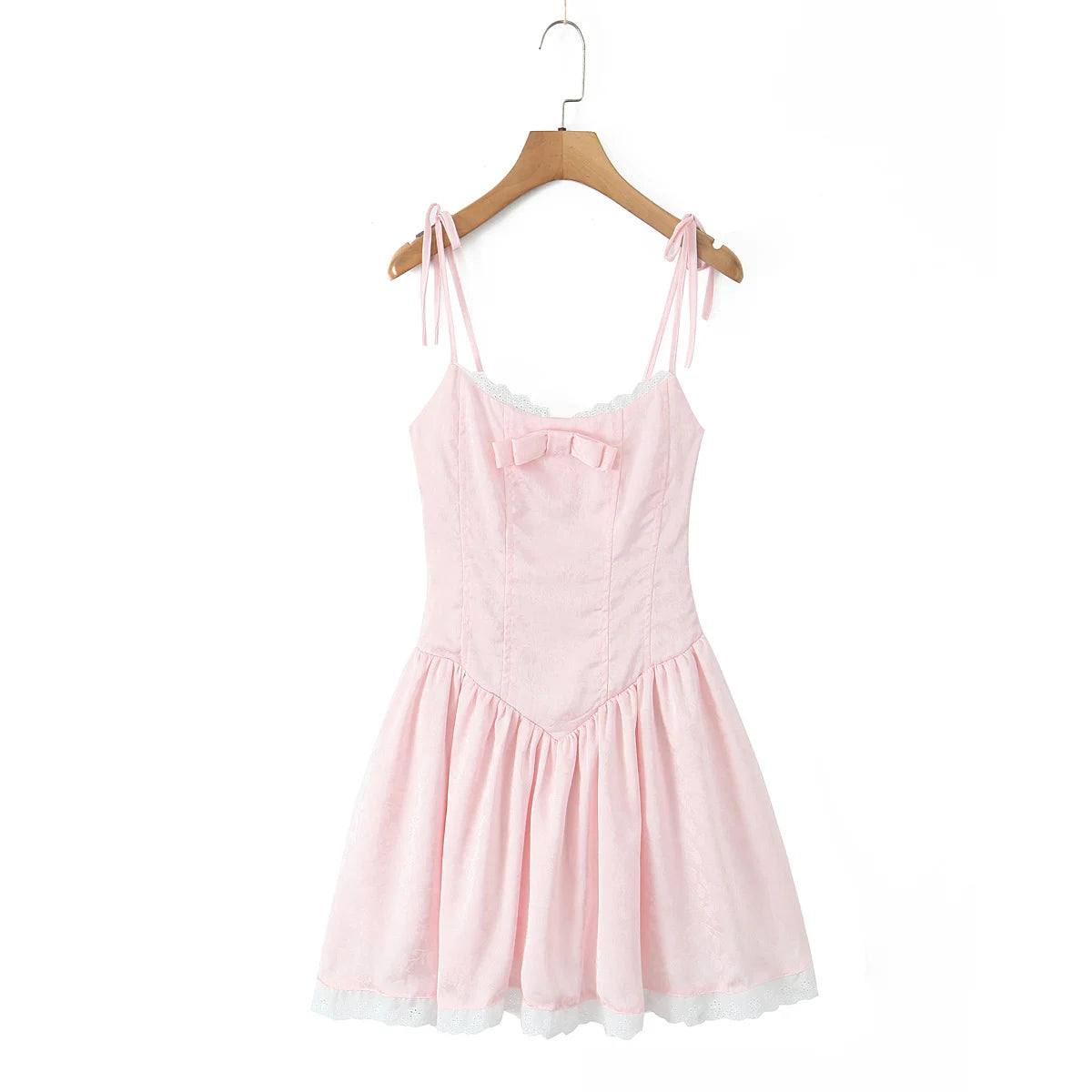 Women Sexy Pink White Jacquard Floral Bow Lacing Up Sling Dress Low Waist Spliced Lace Ball Gown Mini Dresses Party Robe