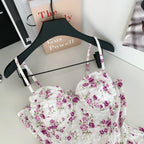 Sweet Spicy Floral Print Crop Top Women's Summer Pure Desire Versatile Bell Bottom Sleeveless Vest Belted Waist Halter Neck