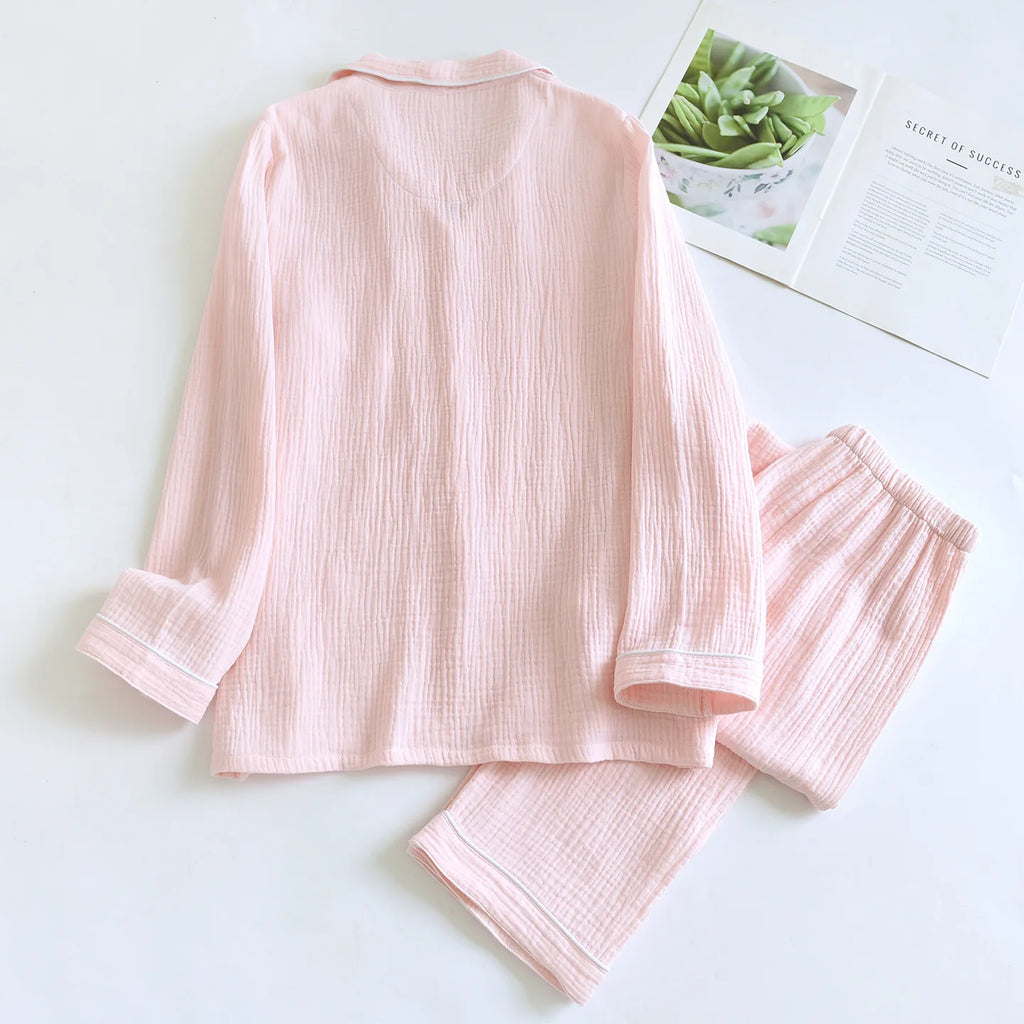 Cotton Lapel Pajama Set for Women Thin Plus Size 3xl Long Sleeved Long Pants Home Wear Clothes Solid Color Conjunto Femenino