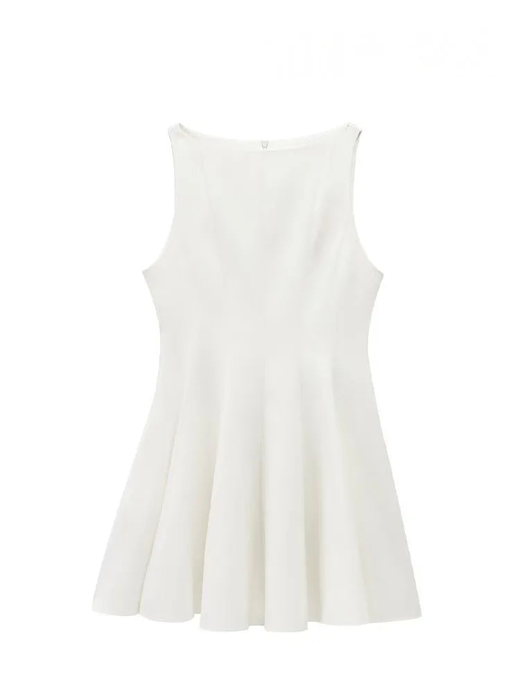 HH Women Summer Sexy Sleeveless Solid Casual Mini Dress Female Vintage Chic High Street Slim Rear Zipper Pleated Dress