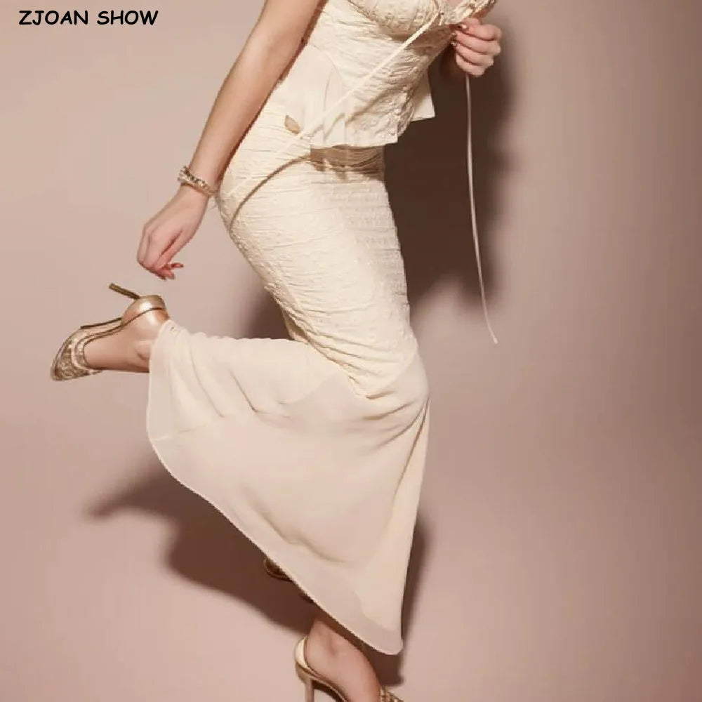 2024 Apricot Spliced Lace Bow Ruched Chest Embroidery Sexy Corset Women Summer Tank Tops Pleated Slim Through Buttons Crop Top