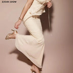 2024 Apricot Spliced Lace Bow Ruched Chest Embroidery Sexy Corset Women Summer Tank Tops Pleated Slim Through Buttons Crop Top