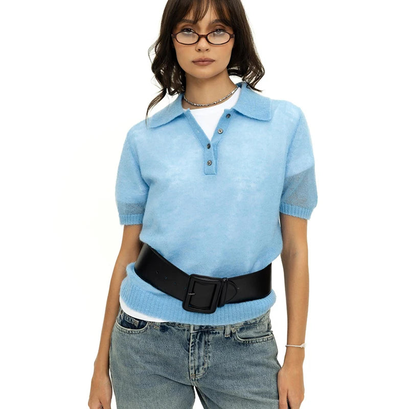 Tornova Mohair Knitted T-shirt for Women Casual Short Sleeve Lapel Loose Sweater Top Solid Summer 2026 New Office Lady T Shirt