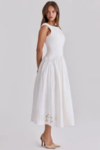 Chic Vintage White Boat Neck Dress Embroidered Cap Sleeve Cutwork Hem High Waist Flowy A-line Gown 2026 New Evening Party Outfit