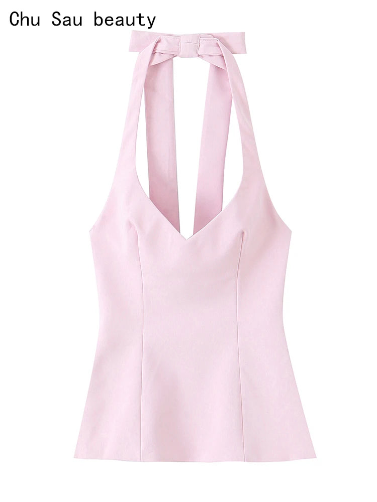 Chu Sau beauty Women New Fashion Sweet Bow Chic Sleeveless Small Tops Vintage Halter V-Neck Sexy Backless Tank Top