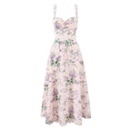 2025 Romantic Pink Floral Print Bow Ruched Bra Chest Sling Dress Women Low Waist Fold Swing Lace Lining Midi Long Dresses Robe
