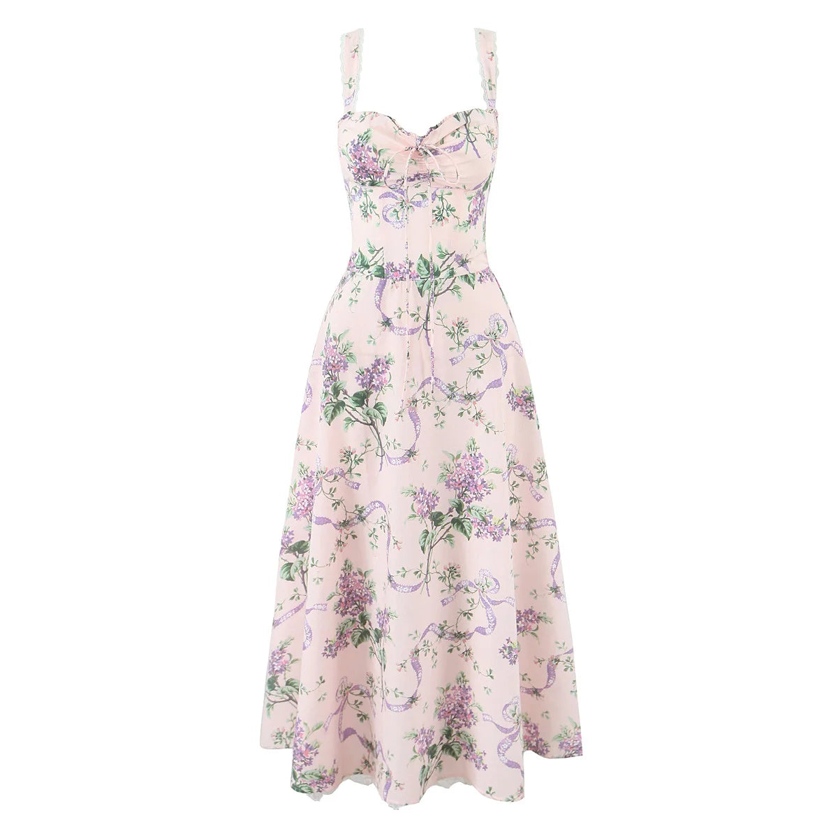 2025 Romantic Pink Floral Print Bow Ruched Bra Chest Sling Dress Women Low Waist Fold Swing Lace Lining Midi Long Dresses Robe