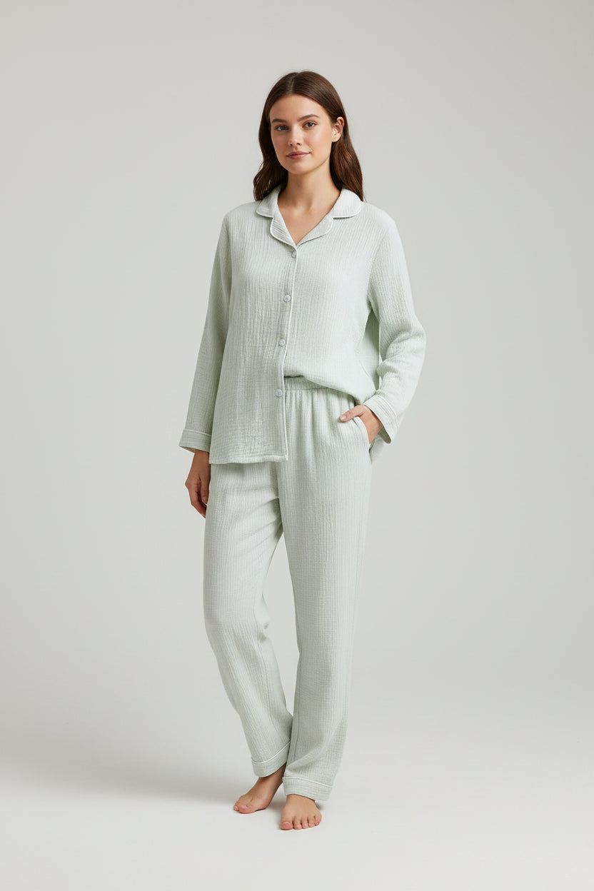 Cotton Lapel Pajama Set for Women Thin Plus Size 3xl Long Sleeved Long Pants Home Wear Clothes Solid Color Conjunto Femenino