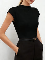 Hot Mock Neck Stretchy Slim Fit Burgundy Cap Sleeve Top, Blouse for Women Office & Daily