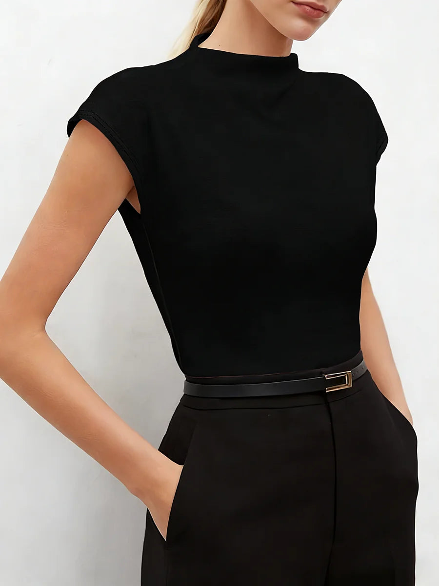 Hot Mock Neck Stretchy Slim Fit Burgundy Cap Sleeve Top, Blouse for Women Office & Daily