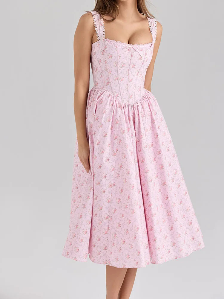 2026 girl-style daily casual floral pattern dress with open back and waist, lace trim, fashionable and elegant suspender dress.