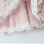 2025 Romantic Pink Floral Print Bow Ruched Bra Chest Sling Dress Women Low Waist Fold Swing Lace Lining Midi Long Dresses Robe