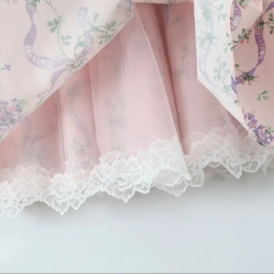 2025 Romantic Pink Floral Print Bow Ruched Bra Chest Sling Dress Women Low Waist Fold Swing Lace Lining Midi Long Dresses Robe