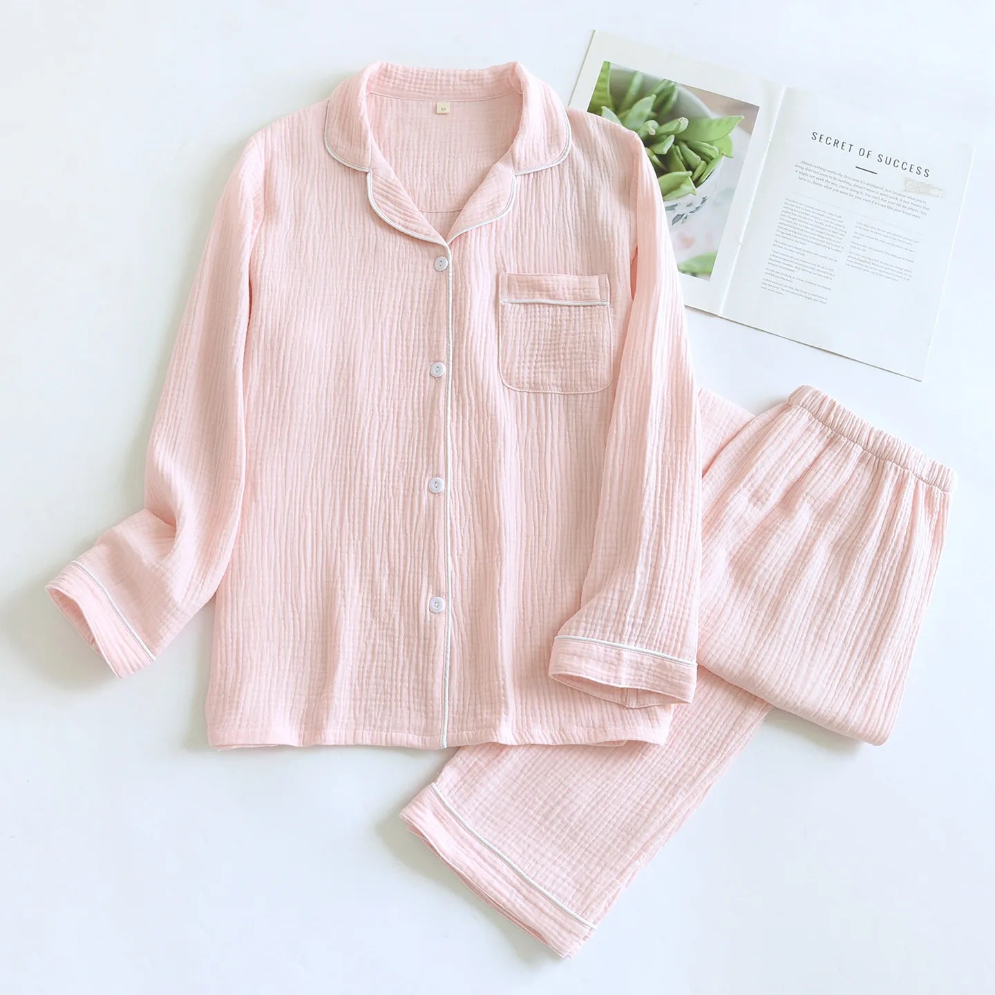 Cotton Lapel Pajama Set for Women Thin Plus Size 3xl Long Sleeved Long Pants Home Wear Clothes Solid Color Conjunto Femenino