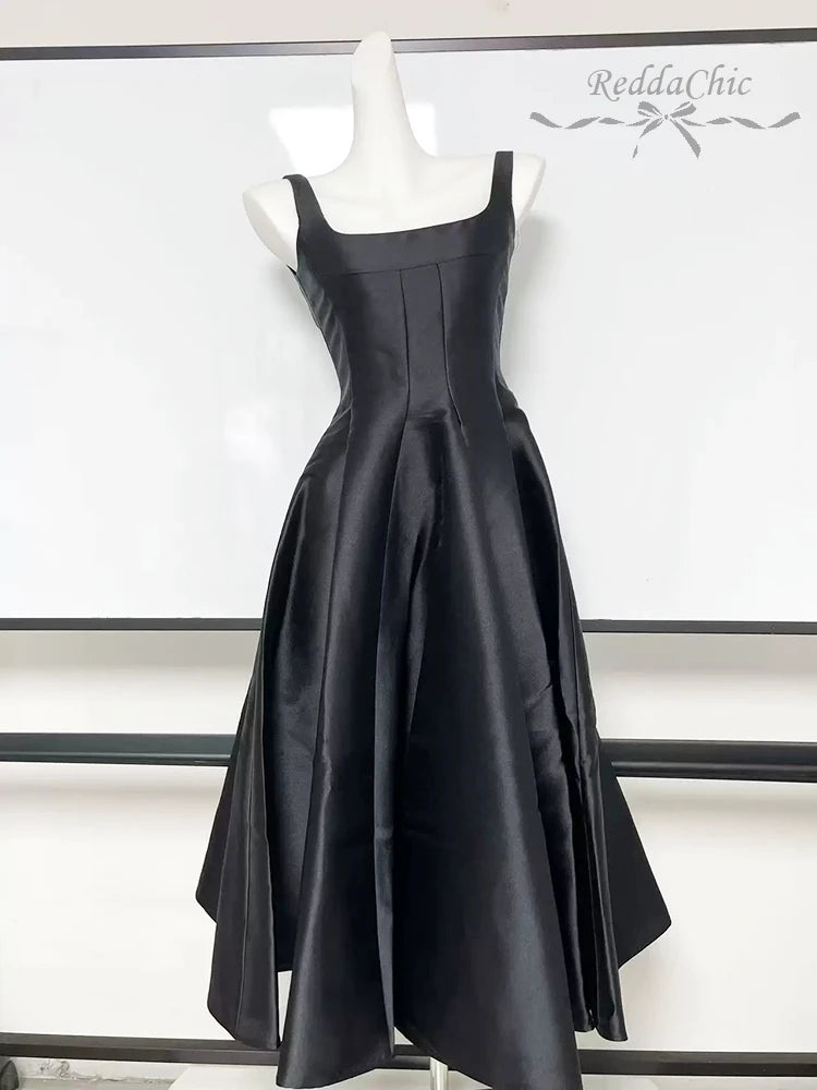ReddaChic Simple Sleeveless Satin Dress for Women Wedding Guest Ruffled Square Neck Tank Long Dress Graduation Summer Costume