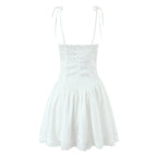 Women Sexy Pink White Jacquard Floral Bow Lacing Up Sling Dress Low Waist Spliced Lace Ball Gown Mini Dresses Party Robe