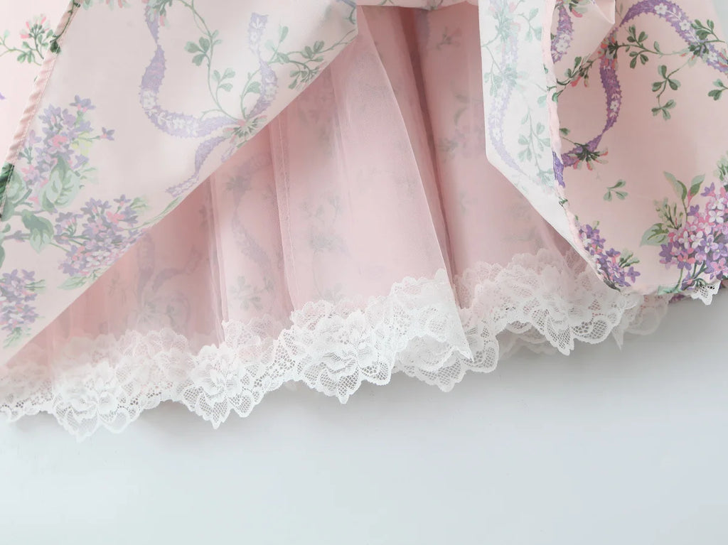 2025 Romantic Pink Floral Print Bow Ruched Bra Chest Sling Dress Women Low Waist Fold Swing Lace Lining Midi Long Dresses Robe