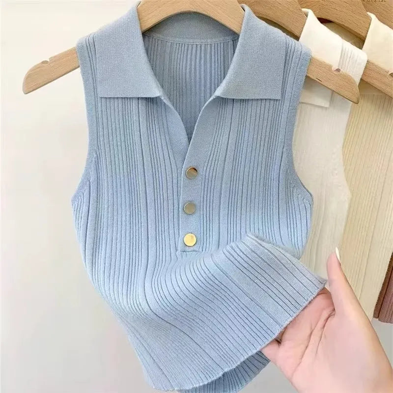 Zjaiss 2026 Spring Summer Slim Versatile Camisole Women's Polo Lapel Tank Tops Vest Ice Silk Knit Sleeveless Tops
