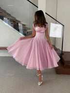 Women's Elegant Tulle Formal Dress Summer Sexy Square Neck Corset Waist A-Line Tea-Length Gown for Wedding Cocktail Party