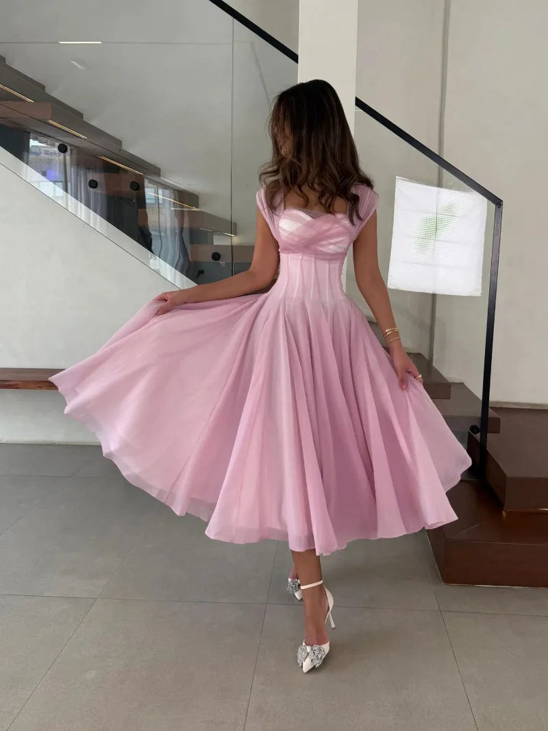 Women's Elegant Tulle Formal Dress Summer Sexy Square Neck Corset Waist A-Line Tea-Length Gown for Wedding Cocktail Party