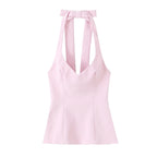 Chu Sau beauty Women New Fashion Sweet Bow Chic Sleeveless Small Tops Vintage Halter V-Neck Sexy Backless Tank Top