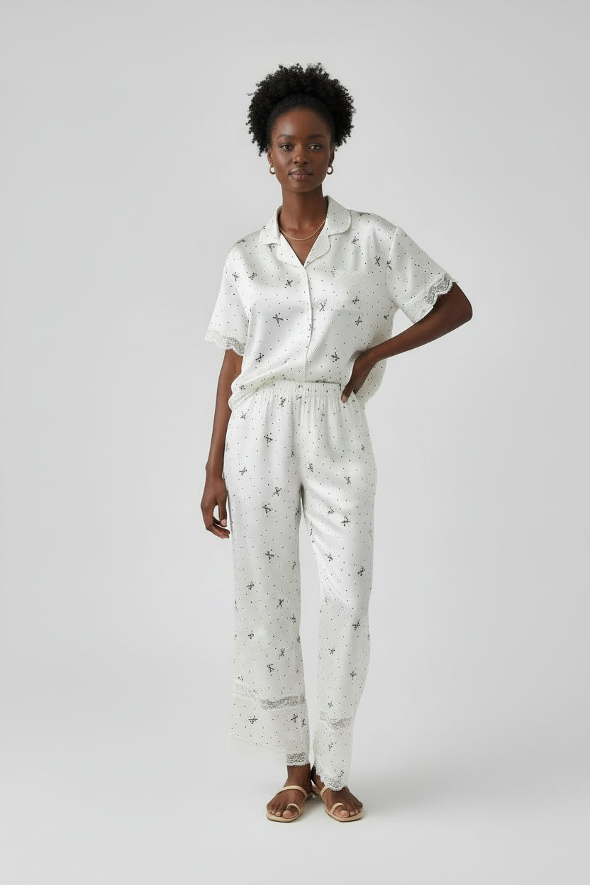 New Korean-Style Elegant Young Ladies' Pyjamas Summer New Arrival Short-Sleeved Polka Dot Bow Ice Silk Pyjama Set Homewear Set