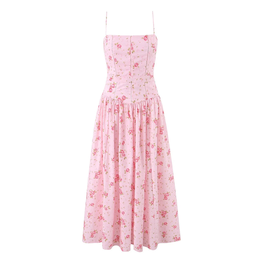 Summer New Gentle Sweet Floral Long Dress Vacation Style Wrap Waist Strapless Cotton Polyester Gown High Waist Maxi Dress