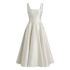 ReddaChic Simple Sleeveless Satin Dress for Women Wedding Guest Ruffled Square Neck Tank Long Dress Graduation Summer Costume