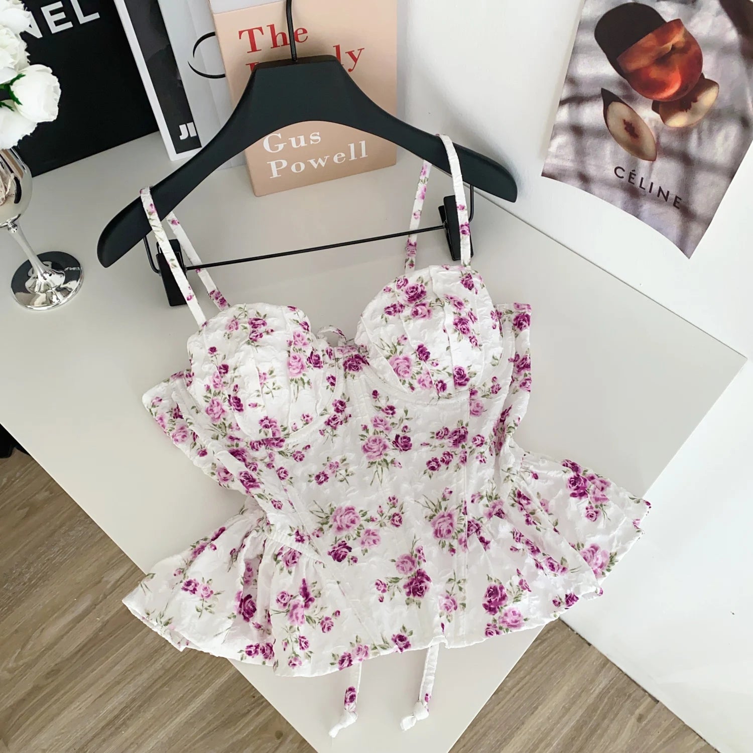 Sweet Spicy Floral Print Crop Top Women's Summer Pure Desire Versatile Bell Bottom Sleeveless Vest Belted Waist Halter Neck